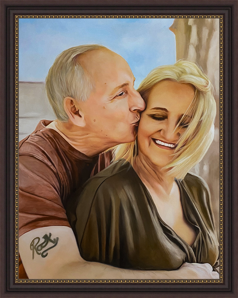 Oil painting of couple kissing on the temple